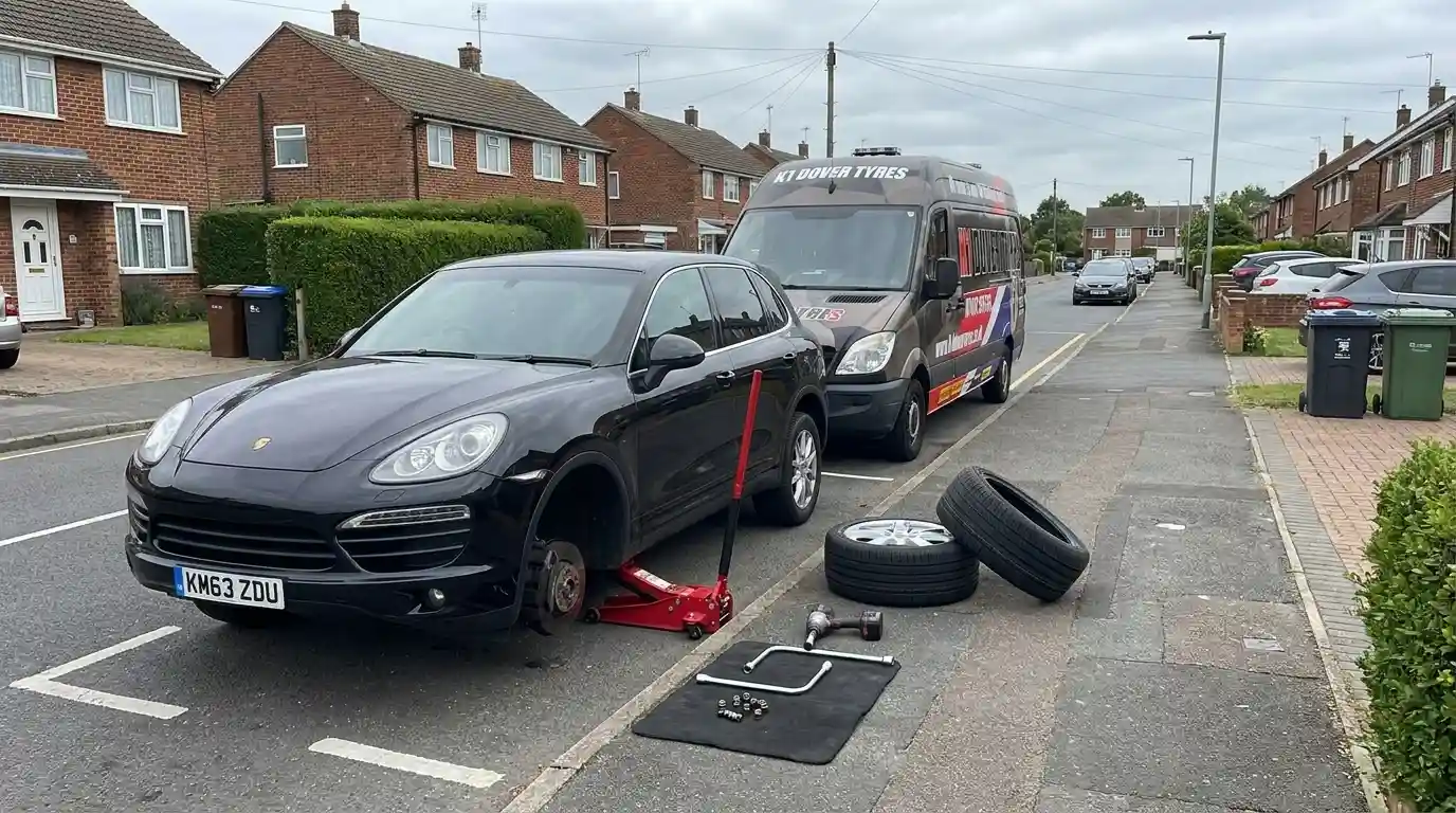 Mobile Tyre Fitting In Ash 12 Emergency mobile tyre fitting service in Ash Kent with car lifted and tyre replacement by K1 Dover Tyres