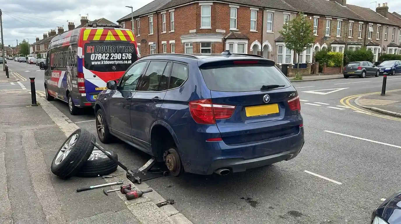 Mobile Tyre Fitting Chatham 12 K1 Dover Tyres mobile tyre fitting service in Chatham Kent with roadside wheel replacement in progress
