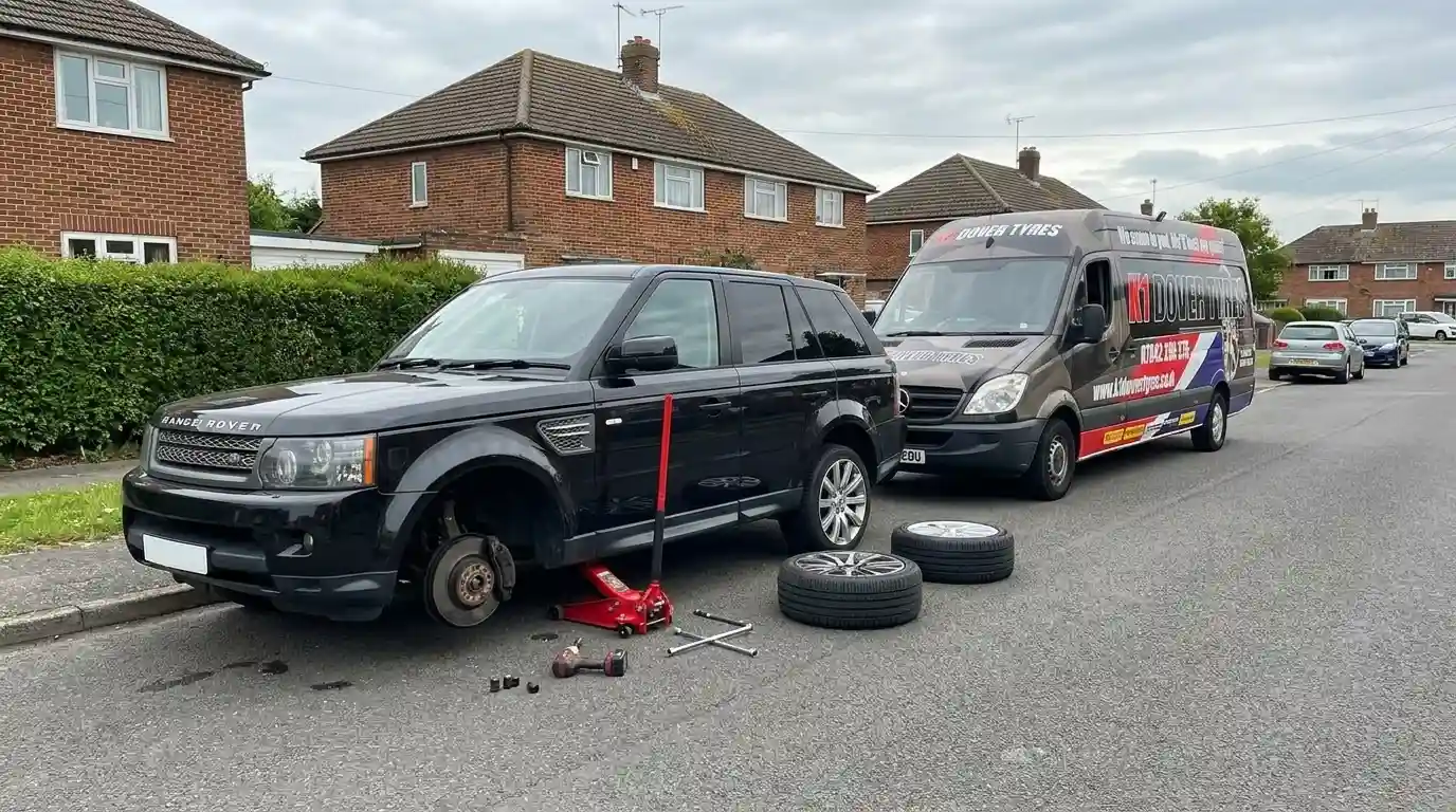 Mobile Tyre Fitting In Ash 11 K1 Dover Tyres mobile tyre fitting service in Ash Kent with car lifted and roadside tyre replacement in progress