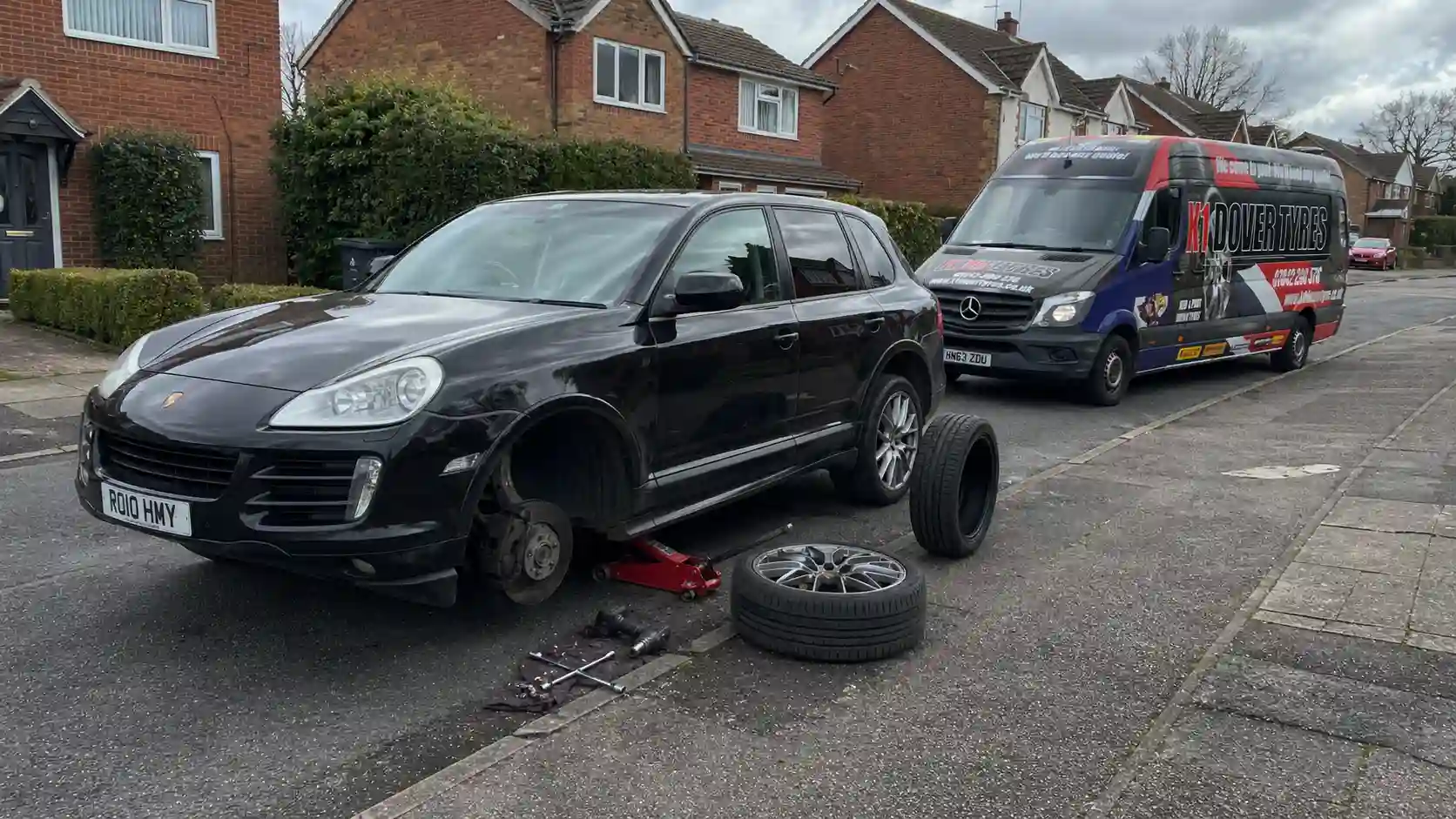 Mobile Tyre Fitting In Ash 13 Same day mobile tyre fitting in Ash Kent with car raised and wheel removed for fast roadside tyre replacement