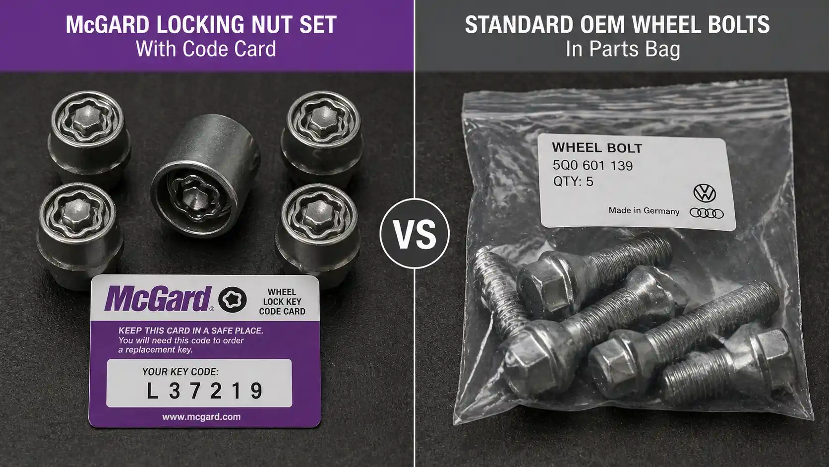 mcgard locking wheel nut set with code card vs standard oem wheel bolts comparison