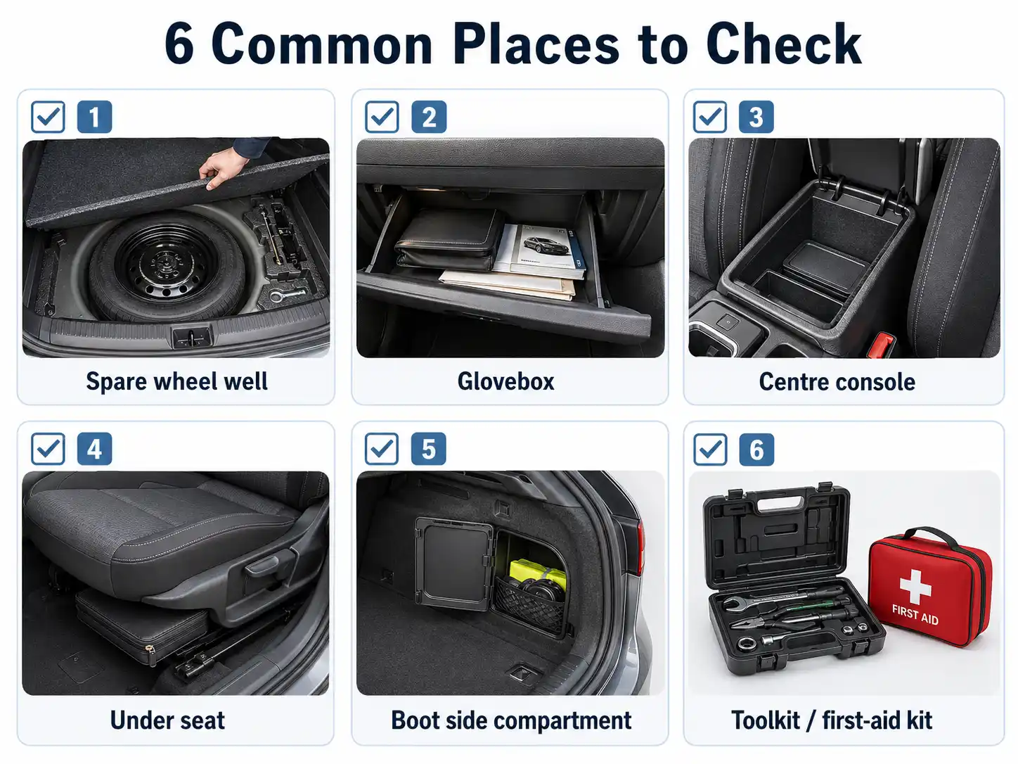 where to find locking wheel nut key in car glovebox spare wheel boot toolkit checklist