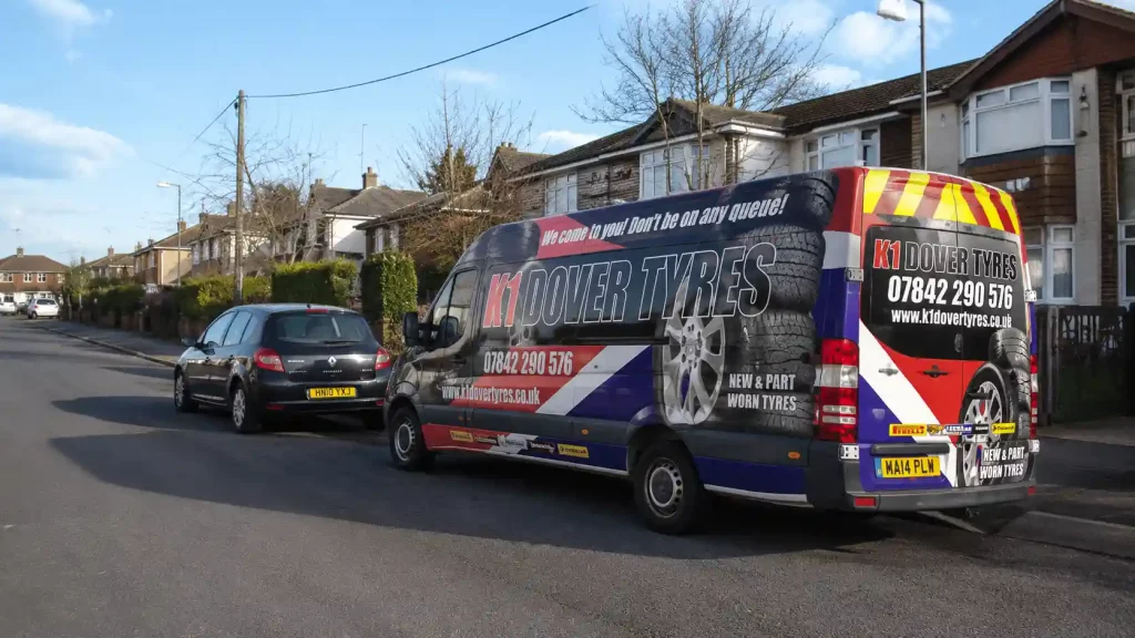 Mobile Tyre Fitting In Guston 7 K1 Dover Tyres van providing emergency mobile tyre fitting service in Guston, CT15, Kent