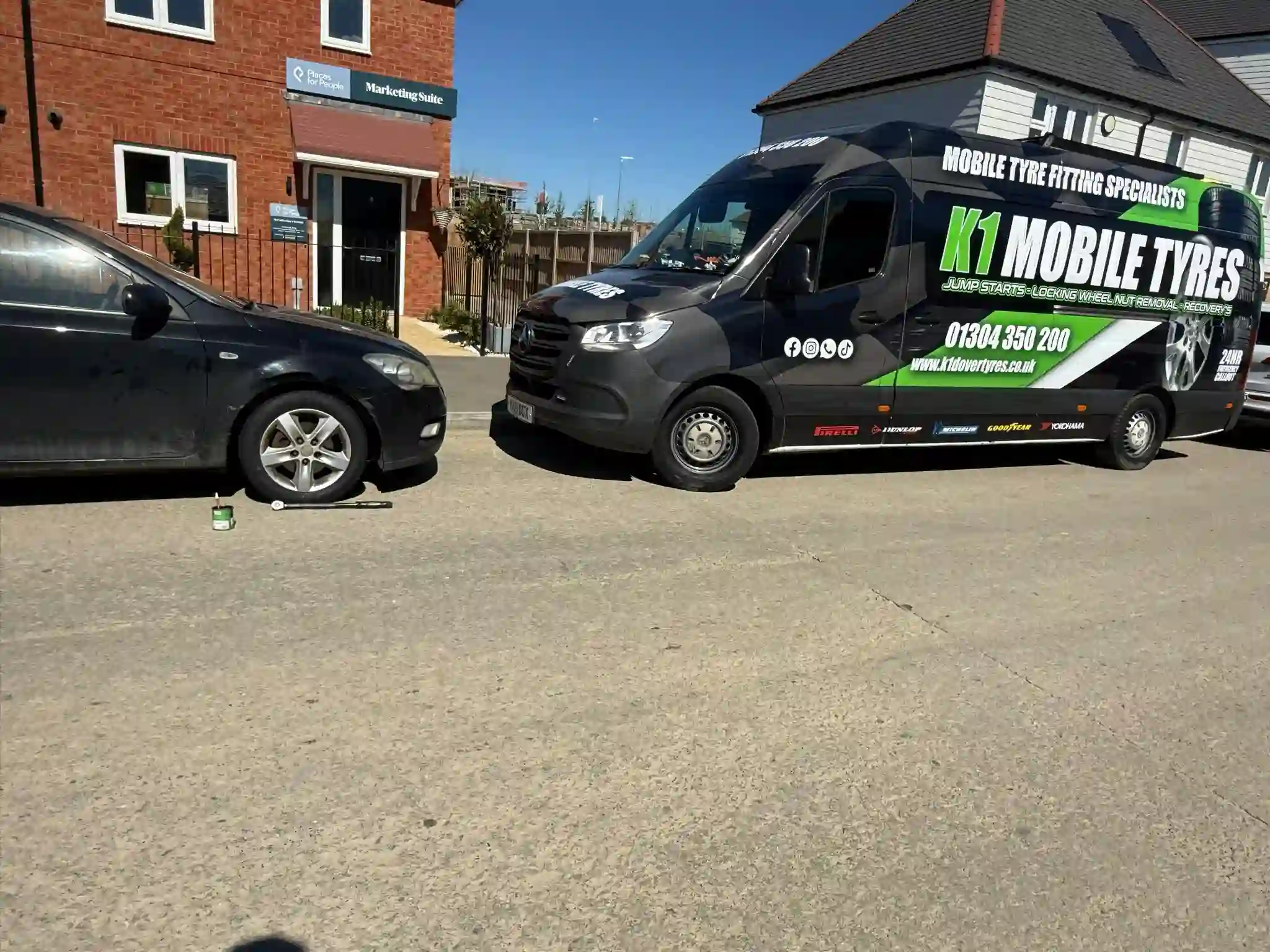 Mobile Tyre Fitting In Hougham 6 K1 Mobile Tyres van providing on-site mobile tyre fitting service at a customer location with roadside tyre replacement support.