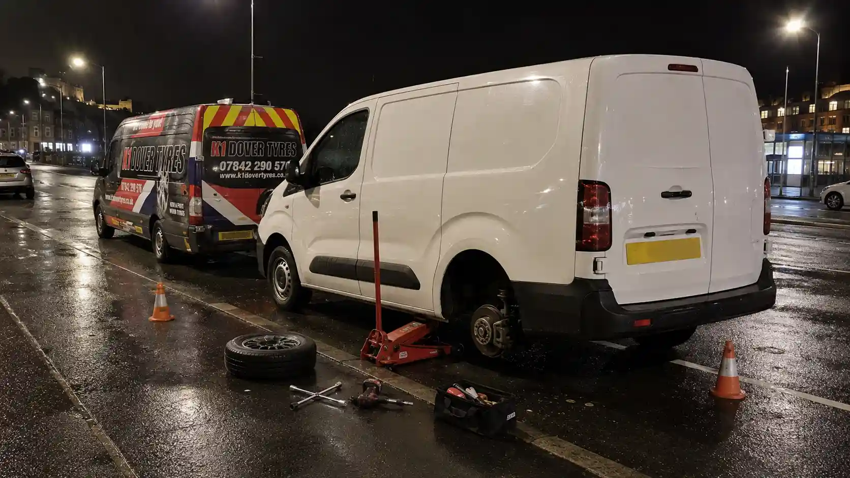 Mobile Tyre Fitting In Sittingbourne 6 K1 Dover Tyres mobile tyre fitting service replacing a flat tyre on a van in Sittingbourne during a nighttime roadside emergency in Kent.