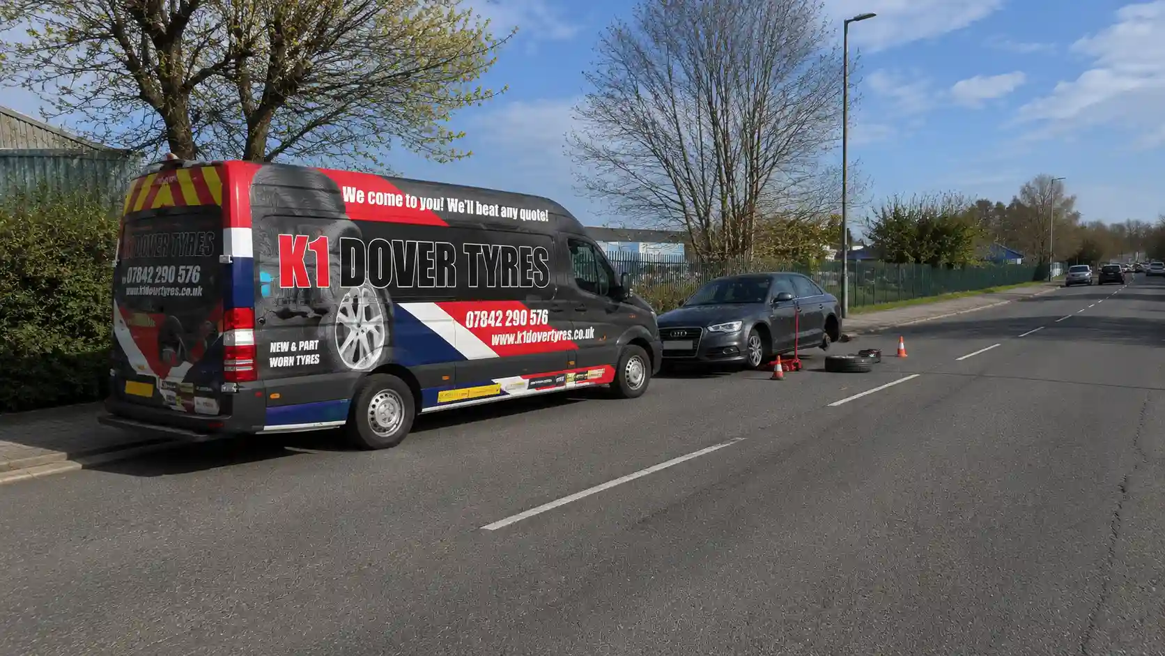 Mobile Tyre Fitting In Sittingbourne 7 K1 Dover Tyres same day mobile tyre fitting service in Sittingbourne replacing a damaged tyre on a roadside Audi with emergency tyre support in Kent.